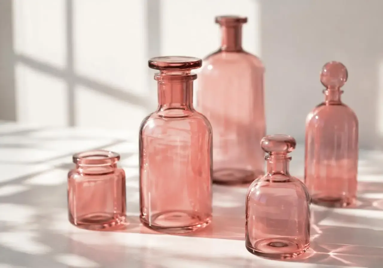 Rose-tinted glass bottles in window light