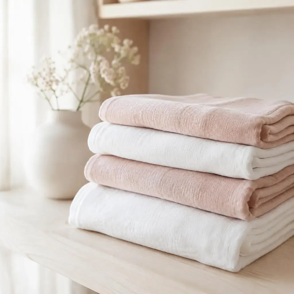 Folded white and blush linen towels