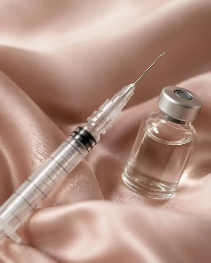A fine syringe and glass vial resting on blush silk