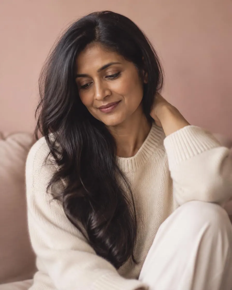 Woman relaxing on a blush sofa