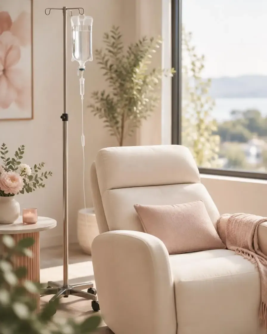 An IV drip beside a cream lounge chair by a bright window