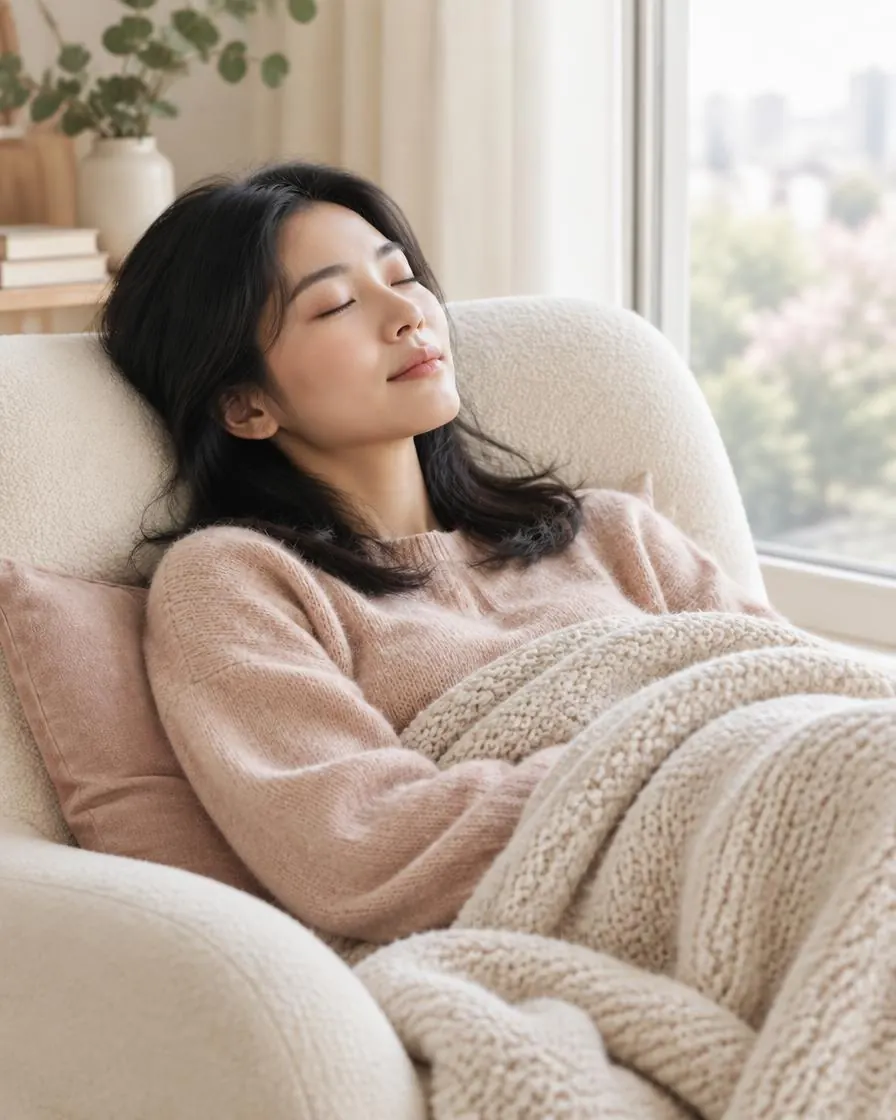 Woman resting in a cream lounge chair by a window