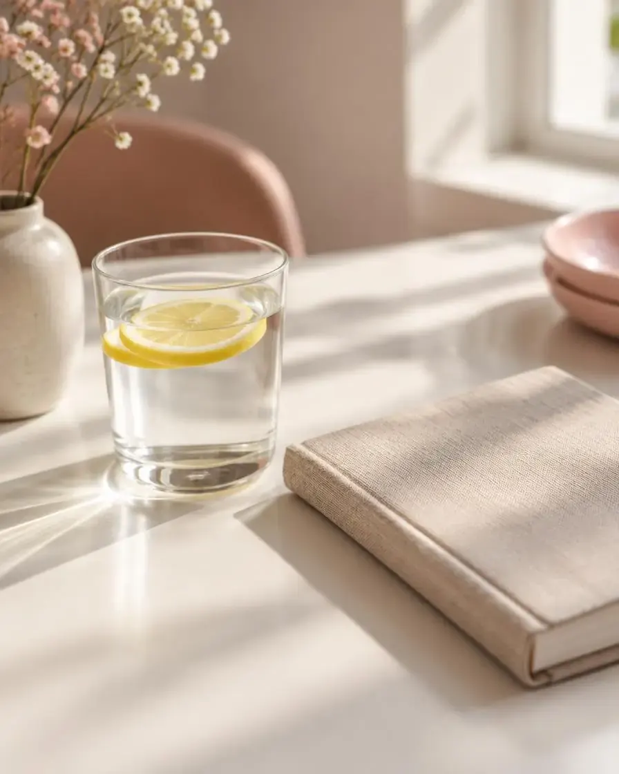 A glass of lemon water beside a linen notebook